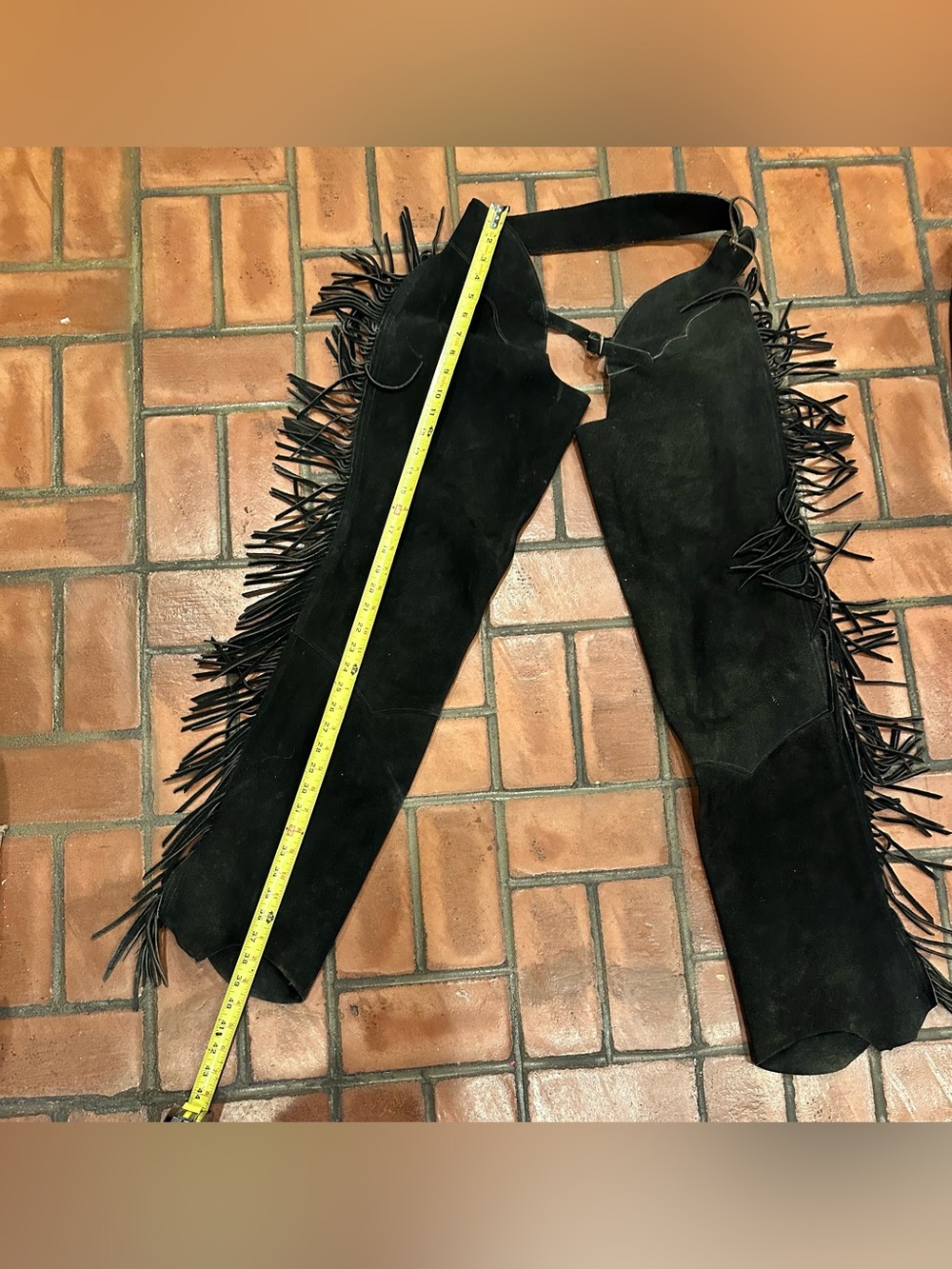 Vtg Women's Barnstable Black Suede Leather Chaps Western Fringe USA
Size Medium